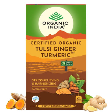A TATA Product - Organic India Tulsi Ginger Turmeric - 25 Tea Bags, Boosts Immunity, Supports Healing & Recovery, Rich in Antioxidants, Made with Tulsi, Turmeric, Cinnamon, and Pepper